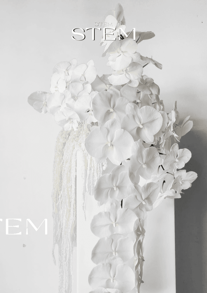 Large white orchid arrangement styled on a white plinth with cascading blooms.