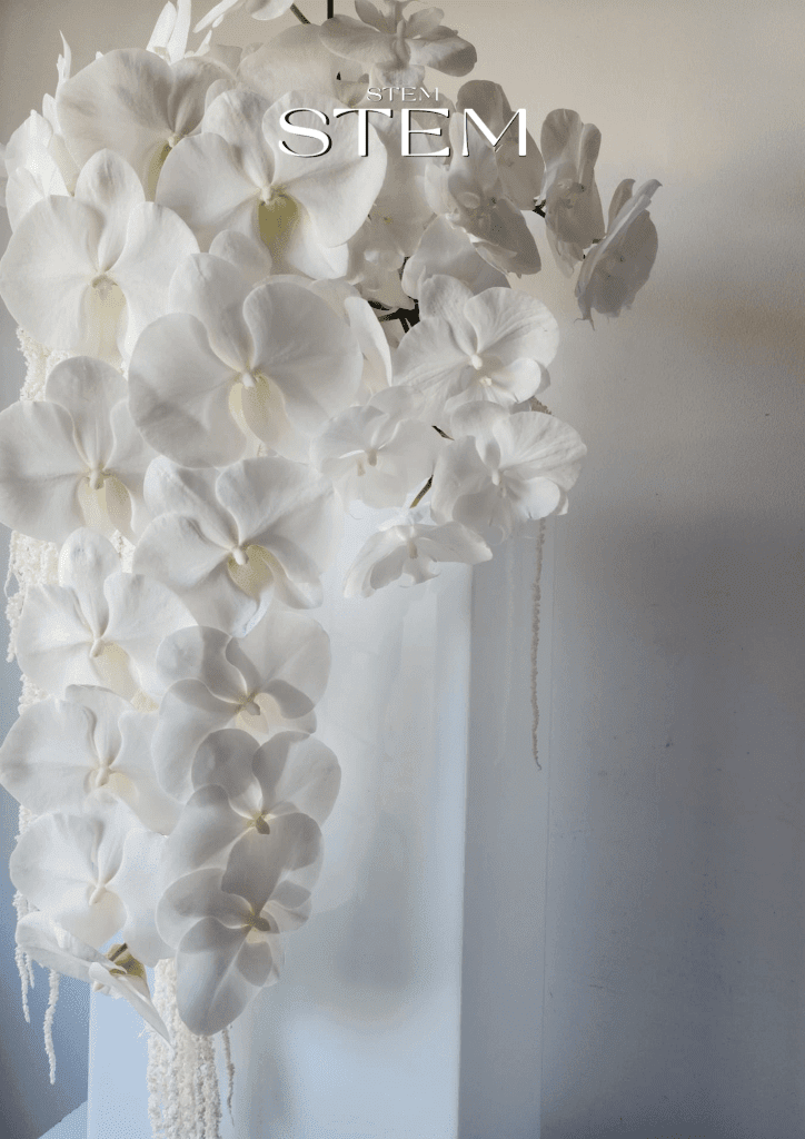 Classic white orchid arrangement styled by Stem Design Brisbane featuring cascading orchids and trailing textures.