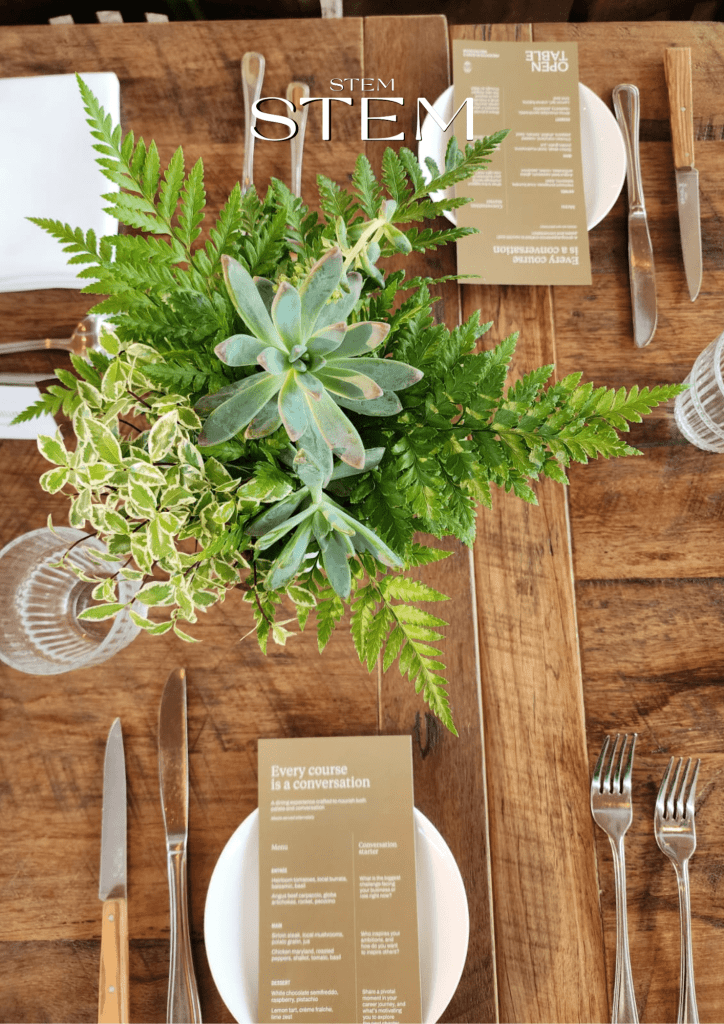 Rustic country style table arrangement with ferns and succulents styled by Stem Design Brisbane.