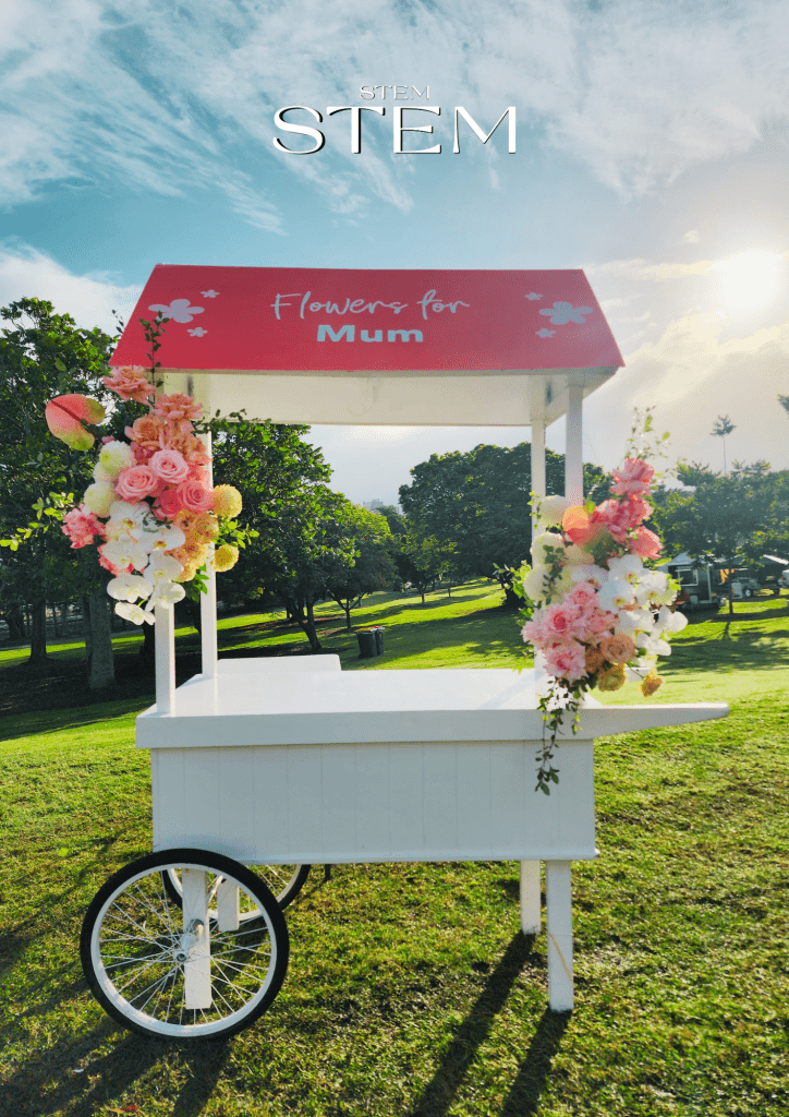 Flowers for Mothers Day pop event in 2026 featuring a pastel floral cart installation designed by Stem Design in Brisbane.