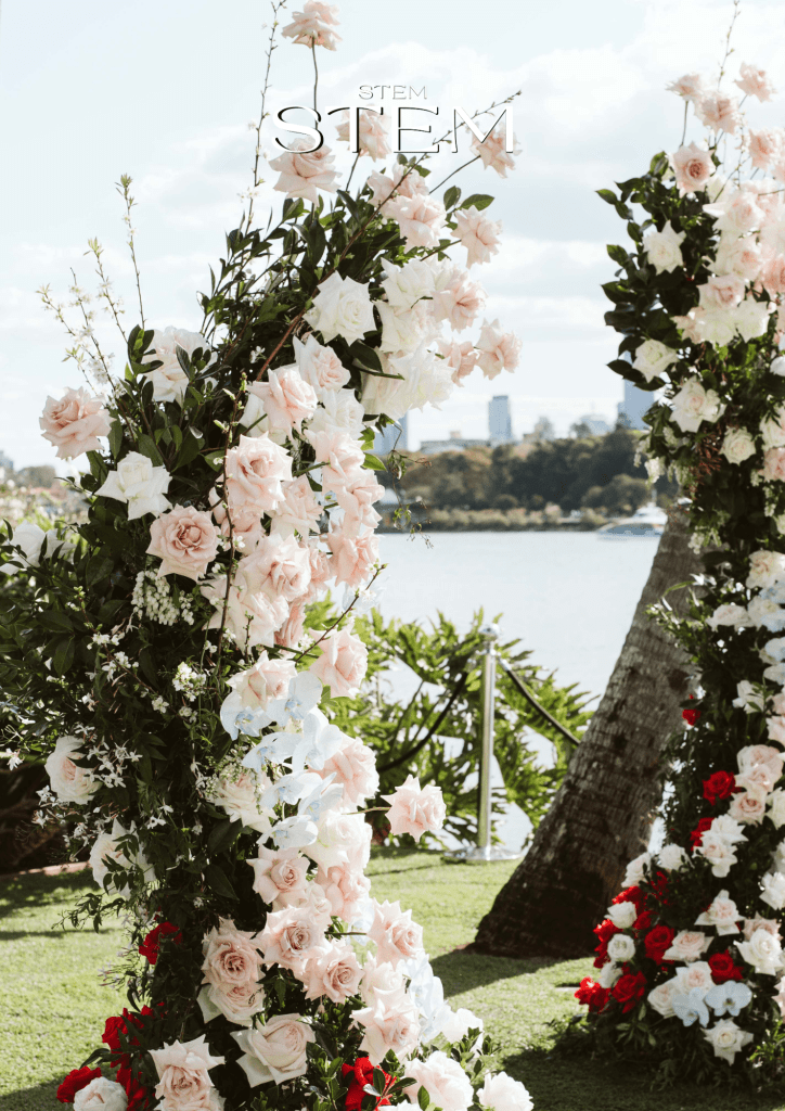 Large white floral arrangement for Brisbane wedding ceremony by Stem Design